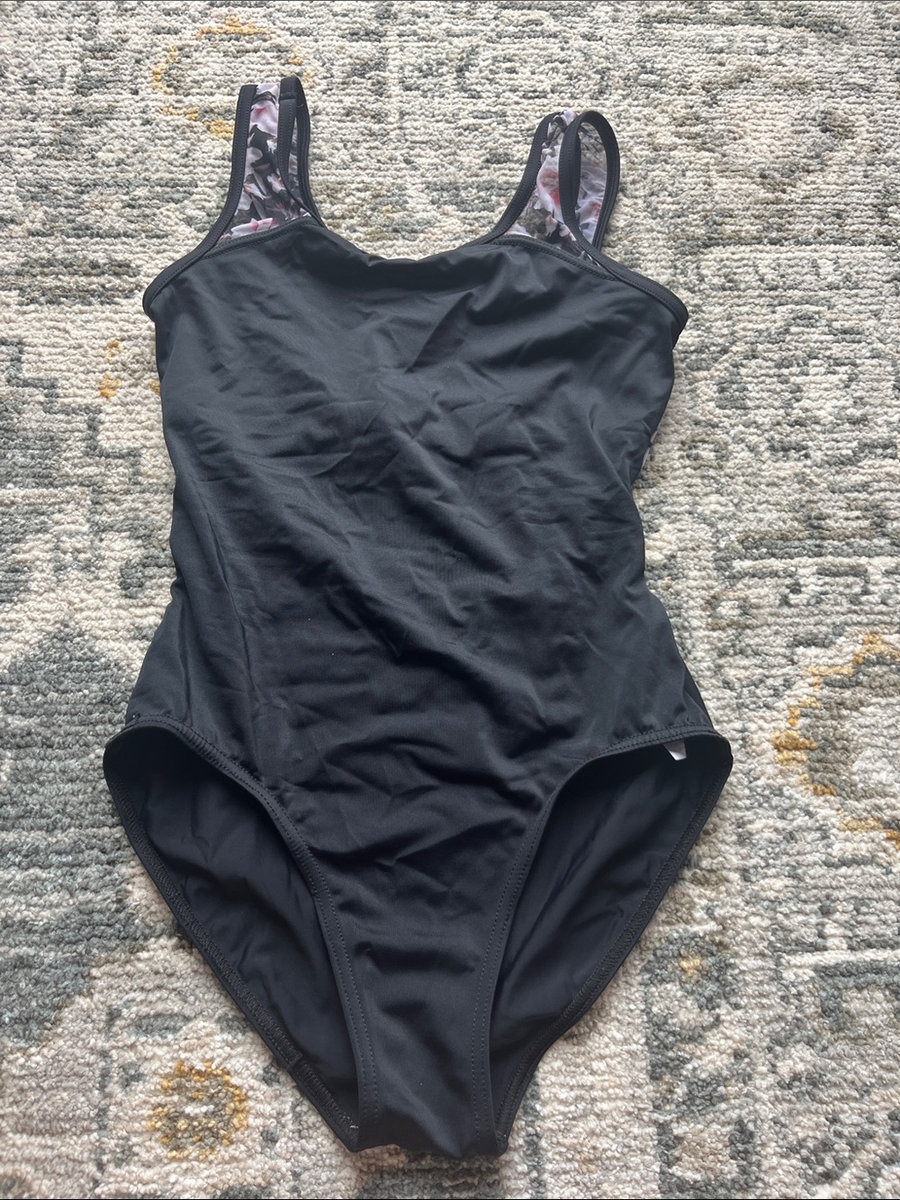 Balera Woman’s Ballet Leotard- Black with Floral-Trim Straps